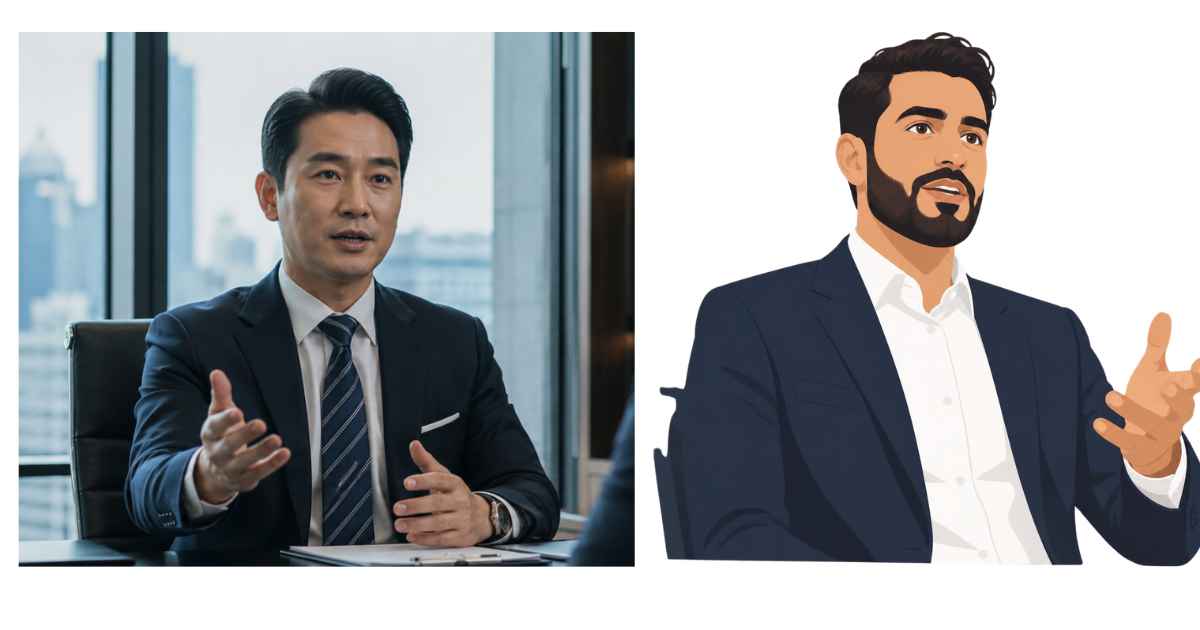 攝影機替你說話的三種擺放方式:仰角、平視、俯角的人設效果 仰角肩上鏡位示意:攝影機低於視線拍攝談話中的 CEO